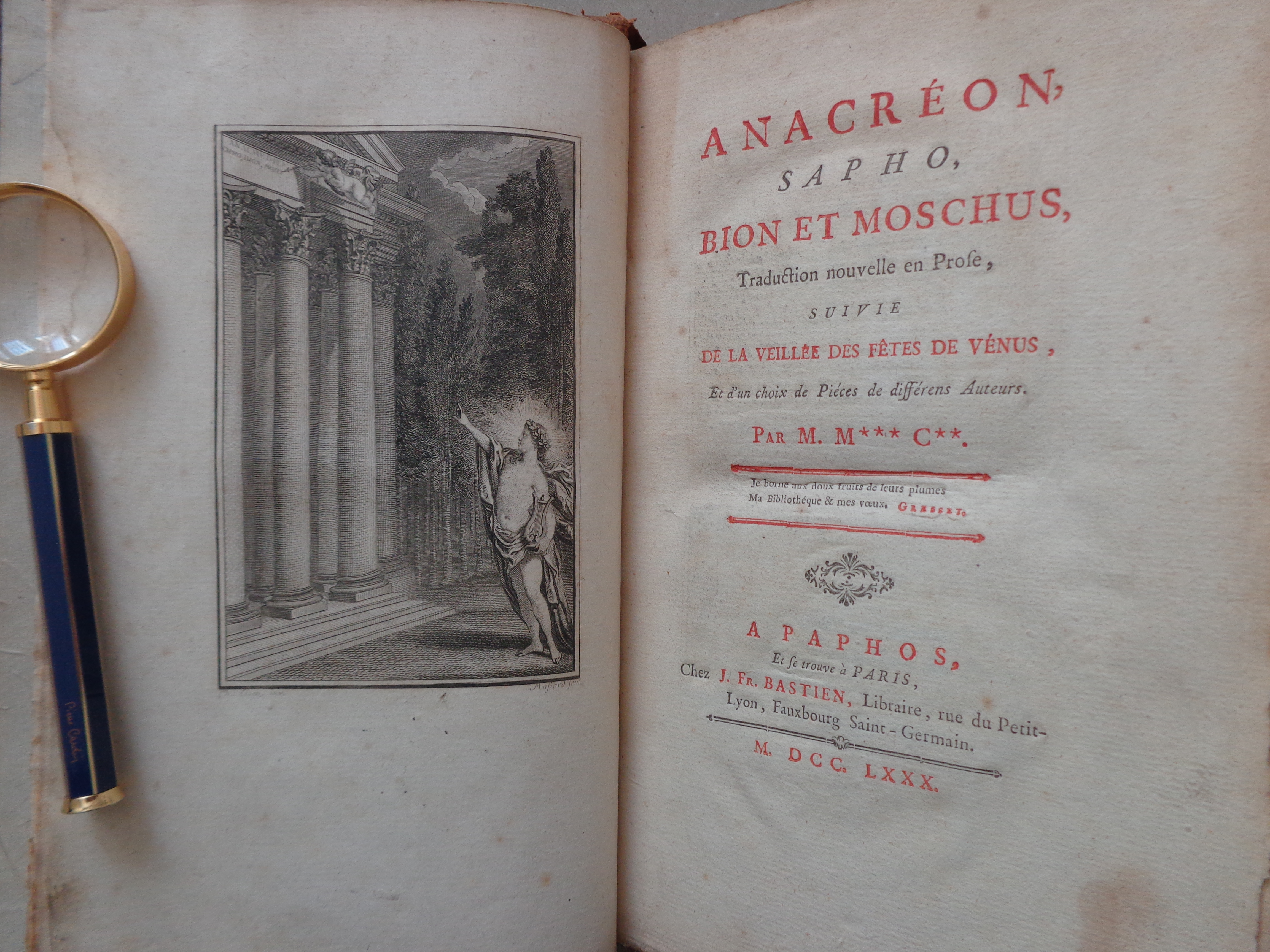 MOUTONNET CLAIRFONS Julien-Jacques, “ANACREON, Sapho, Bion et Moschus.  MDCCLXXX [=1780] 