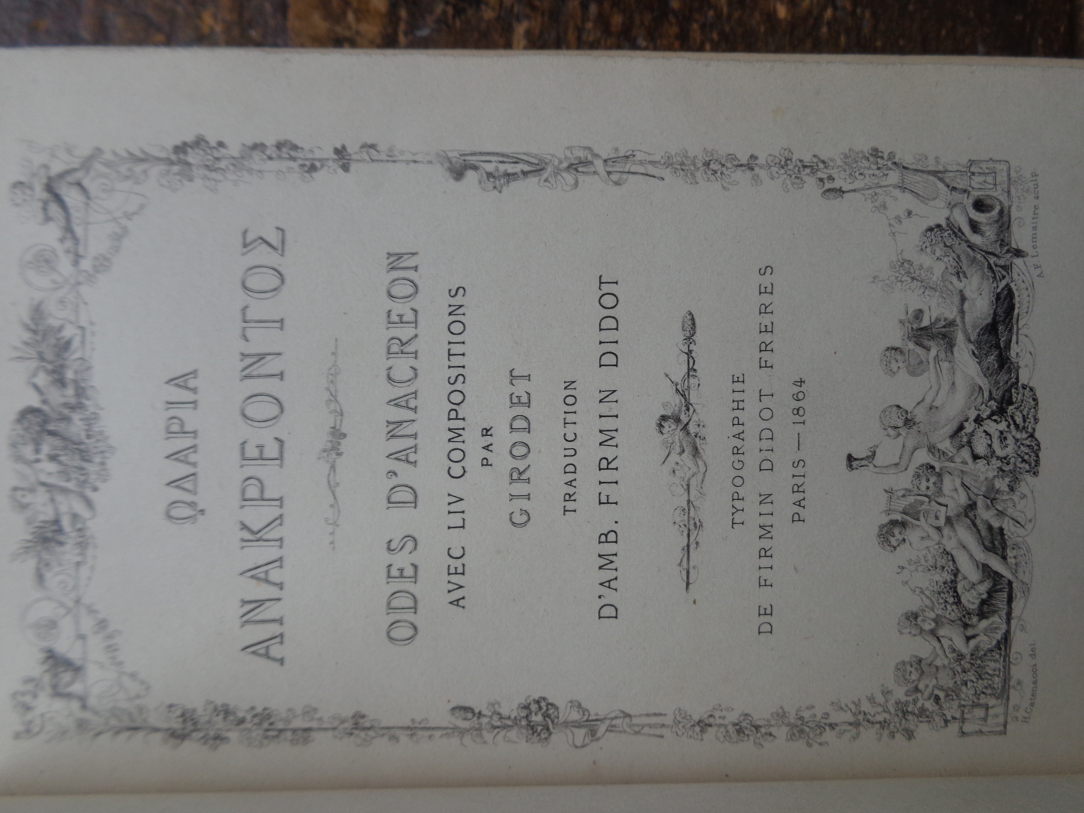 ΩΔΑΡΙΑ ΑΝΑΚΡΕΟΝΤΟΣ Odes dAnacreon avec LIV compositions par Cirodet,traduction dAmb. Firmin Didot. Paris,1864 